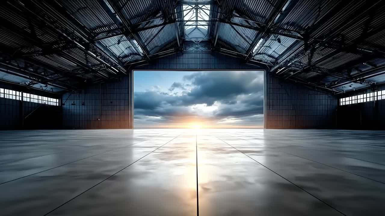 Un ampio spazio aperto con vista del tramonto attraverso la finestra