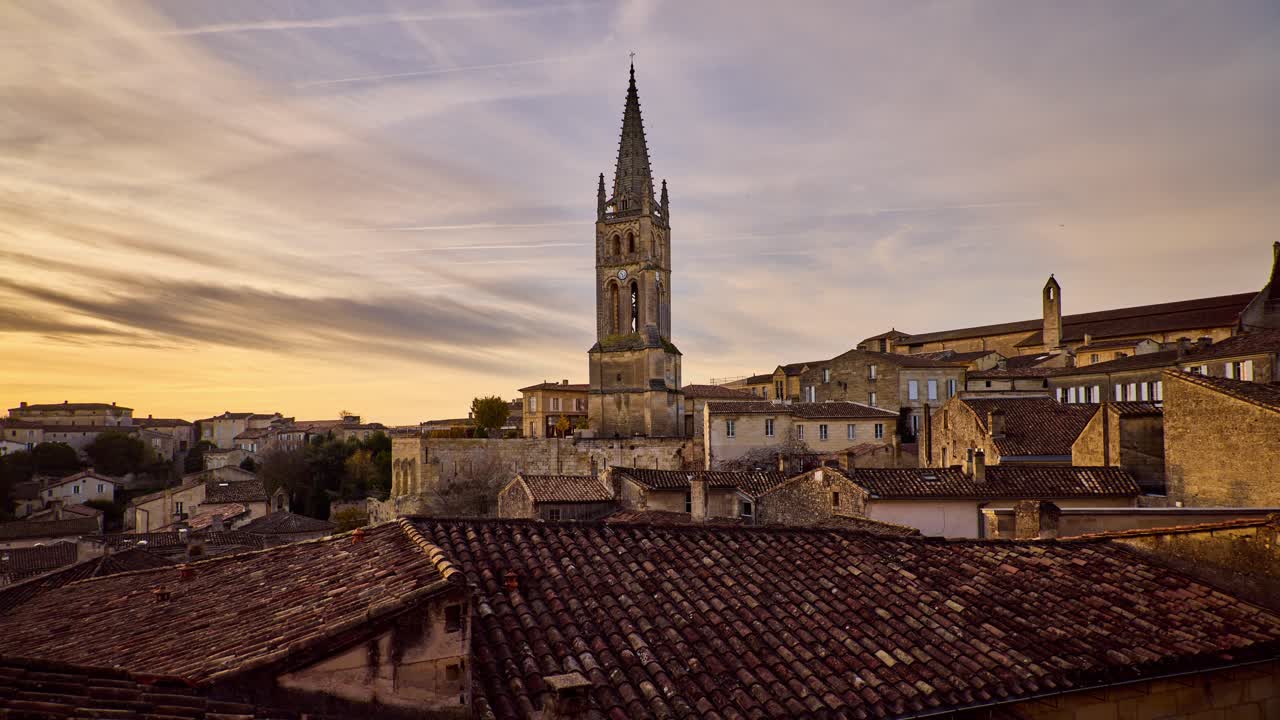 Saint-&Eacute;milion historic town and church at sunset