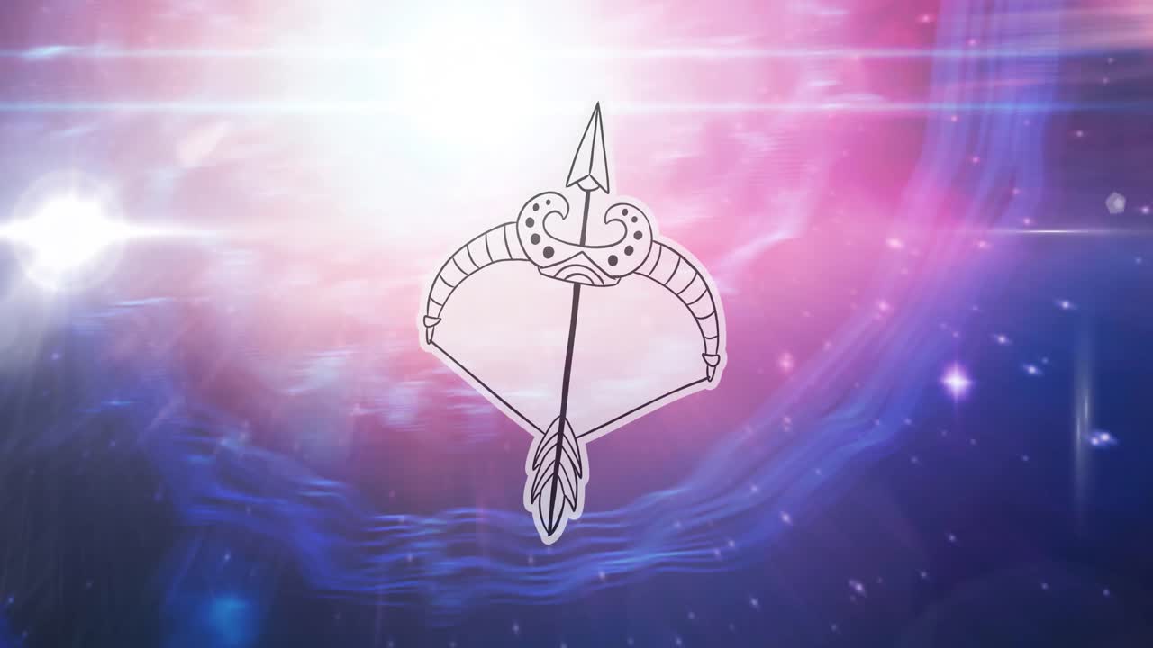 animación del signo estelar de sagitario sobre el sol brillando y las estrellas en la noche de color rosa a cielo azul