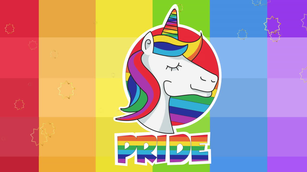 animación de orgullo texto lgbtq, unicornio y estrellas cayendo sobre el fondo del arco iris