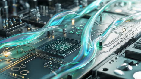 futuristic circuit board with glowing data pathways