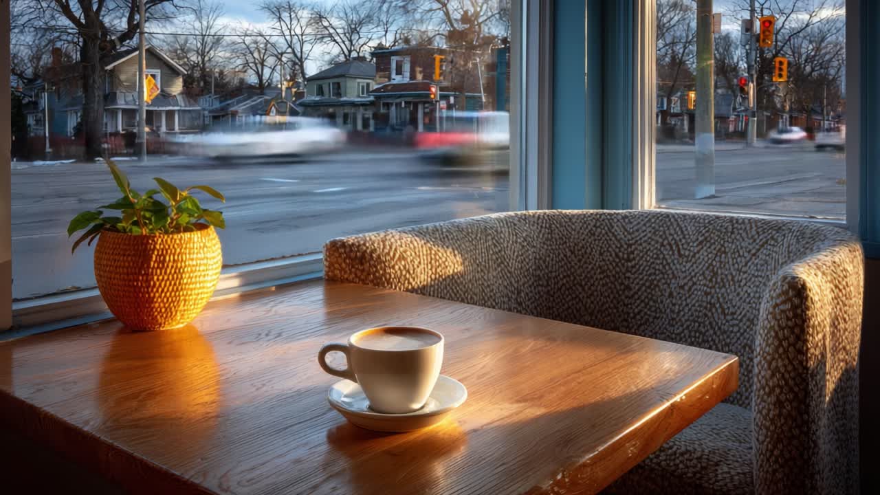 A Cozy Café Scene Featuring a Warm Cup of Coffee on a Wooden Table with a Lively Street View Through Large Windows