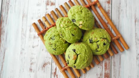 matcha cookies on bamboo tray