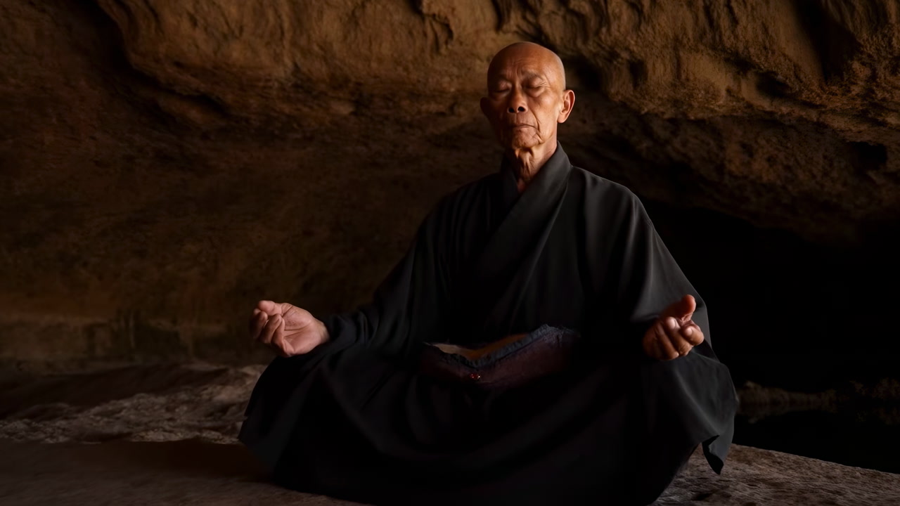Asian Monk Meditating In Cave Dim Warm Light And Amber Shadows Across Rocky Alcove, Elderly Monk Wearing Black