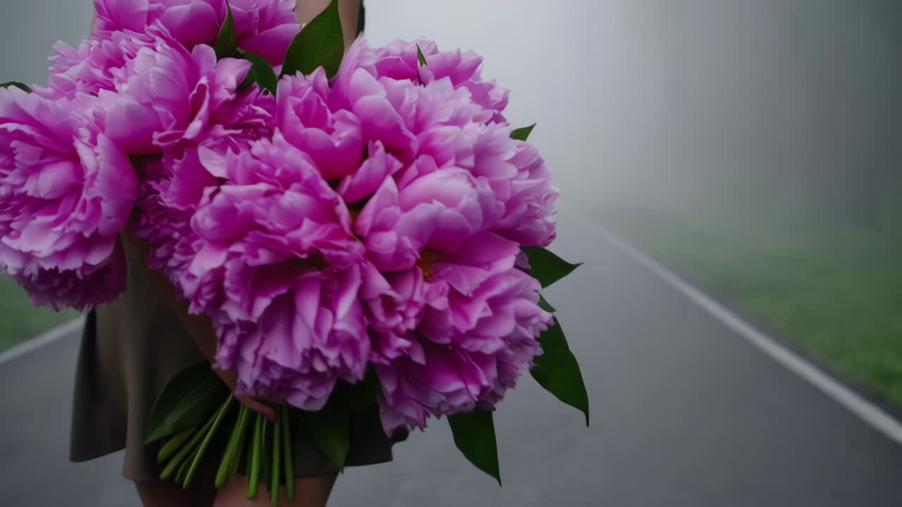 Donna che cammina lungo una strada con un bouquet di peonie rosa nella nebbia