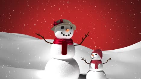 Digitale-Animation-Von-Schnee,-Der-über-Weiblichen-Und-Kleinen-Schneemann-In-Der-Winterlandschaft-Fällt