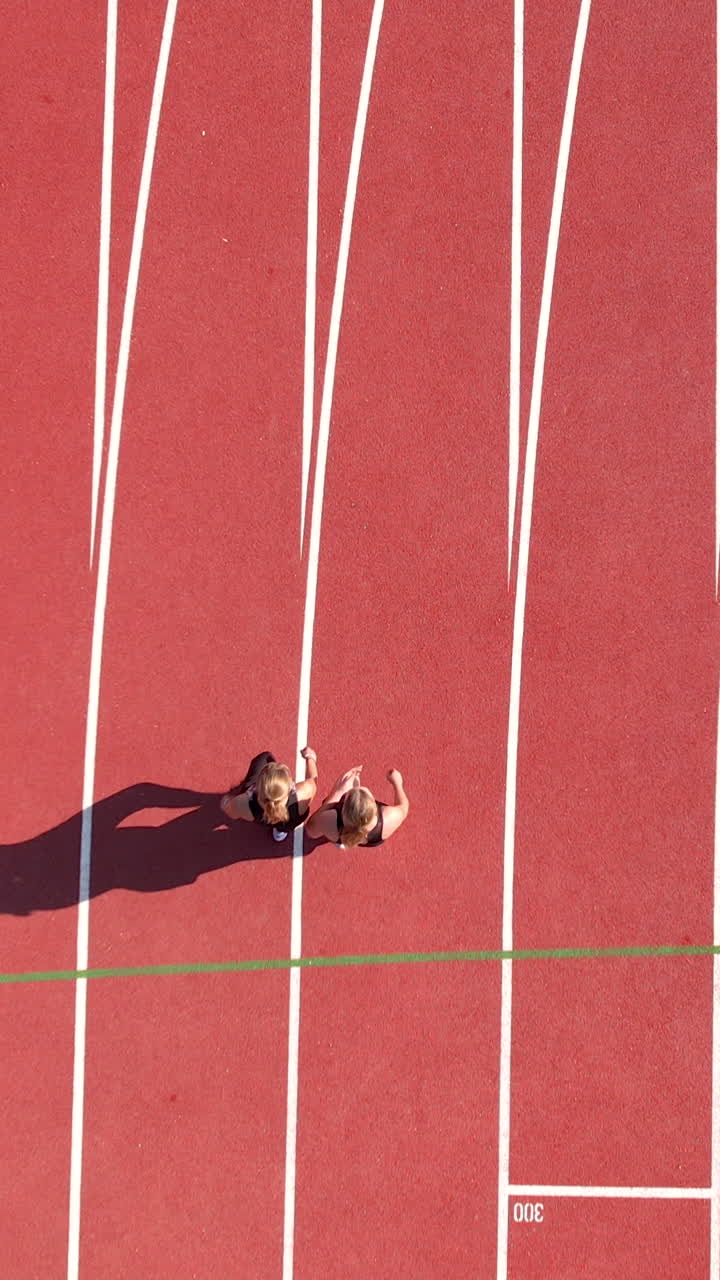 Ripresa aerea verticale di due giovani donne che fanno jogging su una pista di atletica professionale. Perfetto per contenuti su fitness, sport e stile di vita sano.