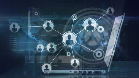 animación de redes de conexiones con iconos y escaneo de alcance sobre el hombre usando computadora portátil
