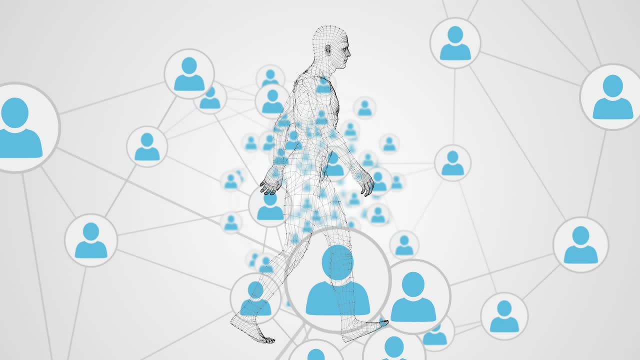 ⁇ 색 배경에 프로필 아이콘의 네트워크에 대항하여  ⁇ 는 인체 모델의 디지털 애니메이션