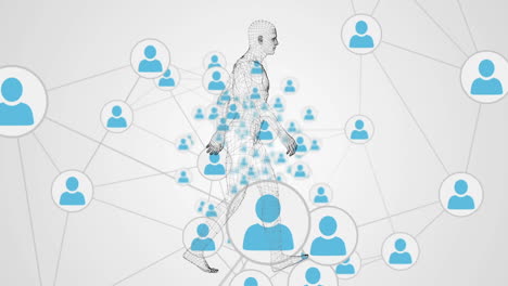 animación digital de un modelo de cuerpo humano caminando contra una red de iconos de perfil sobre un fondo blanco