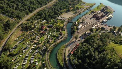 aurlandsfjord town of flam at dawn. aerial view of the campsite to relax. family vacation travel, holiday trip in motorhome rv.