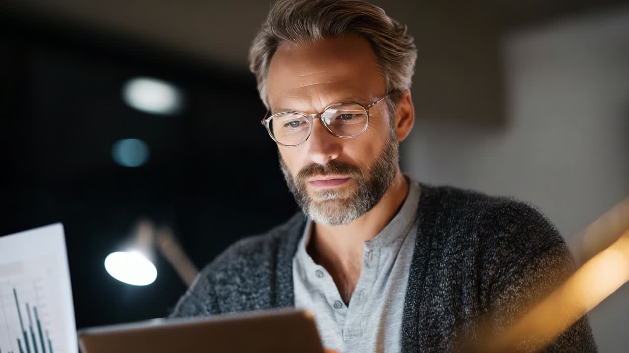 Fokuseret professionel analyserer data på tablet, omgivet af teknologi og dokumenter i et moderne arbejdsområde, hvilket afspejler koncentration og sans for detaljer