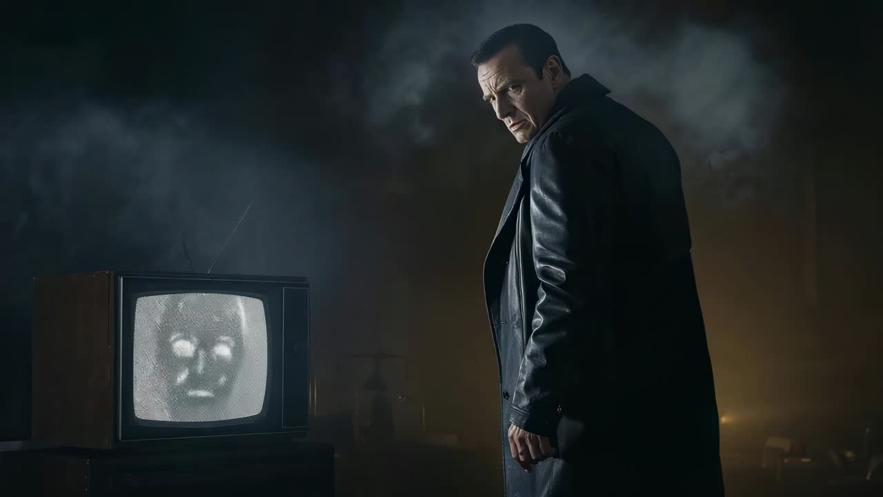 Reacting to screen flickering, man in coat watching glitching TV face in smoky room, copy space