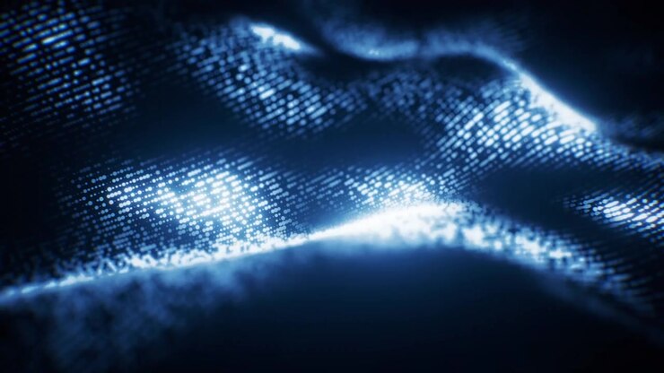 Sfondo di particelle a onda blu fluenti, rendering 3D