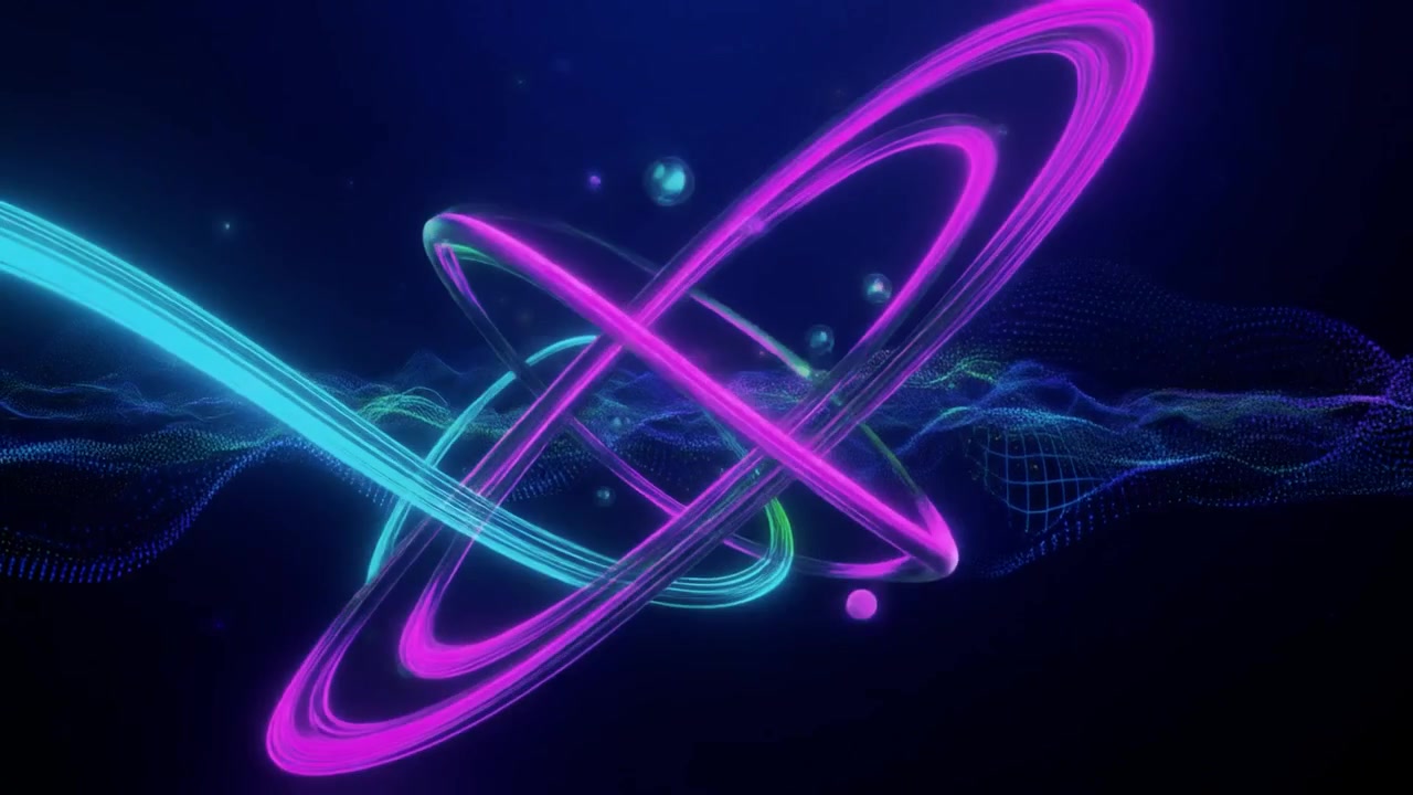 Abstract Neon Rings Rotating Over Digital Particle Wave