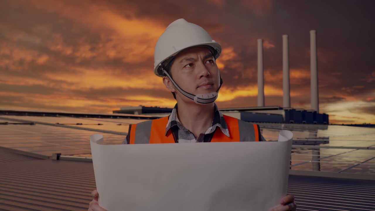 Front View of Asian Male Engineer Looking At Blueprint In His Hands While Walking and Inspecting Solar Panels on Rooftop at Sunset