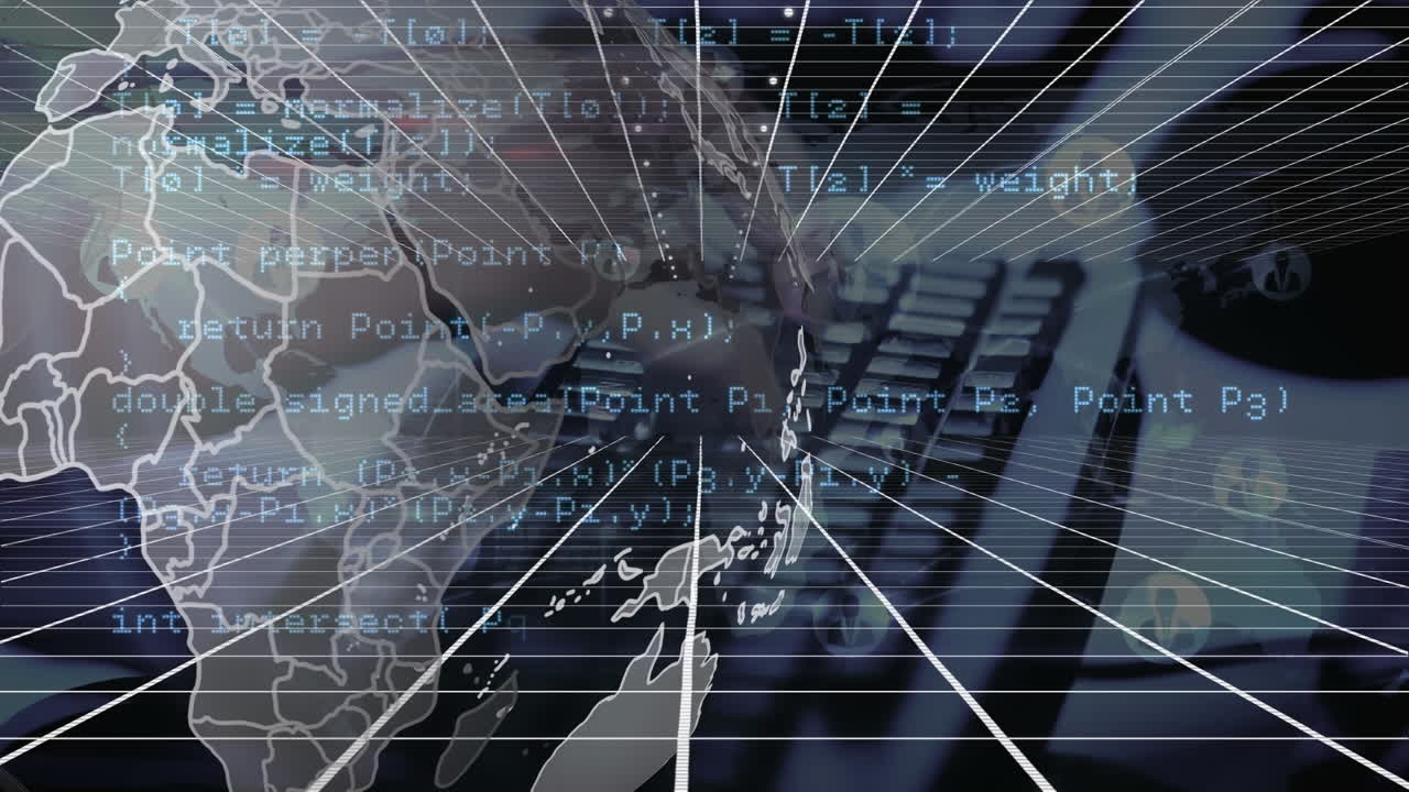 Animation of data processing with globe over hands typing on keyboard
