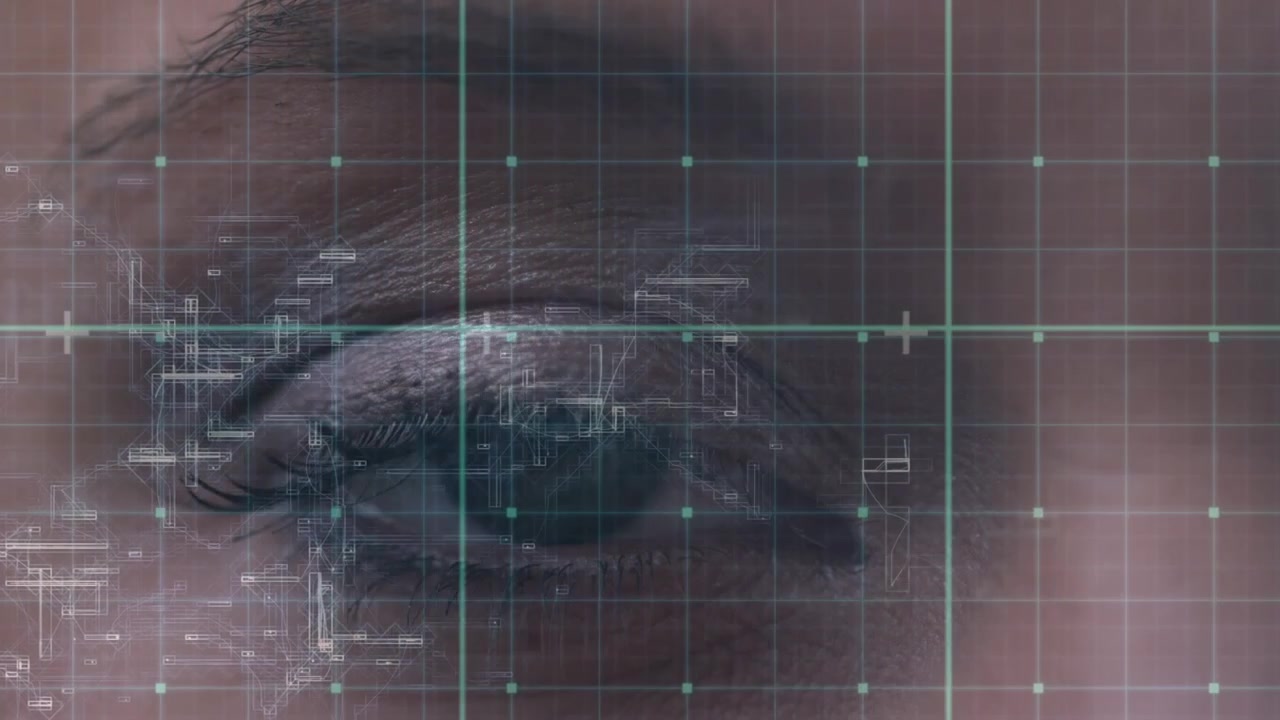 Animation of data processing over caucasian woman's eye and grid