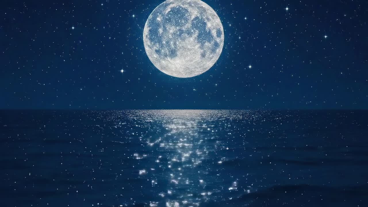 星空の夜空の下、穏やかな海に満月が映る様子を捉えた空撮ビデオ。