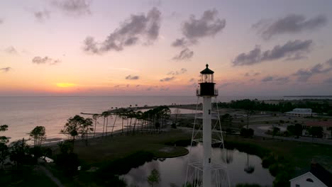 aerial flight around a lighthouse during beautiful sunset