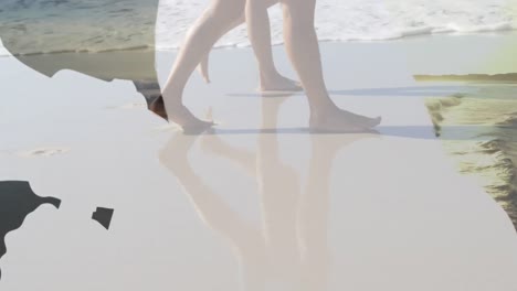 animación de una pareja caucásica caminando por la playa junto al mar sobre el contorno del mapa