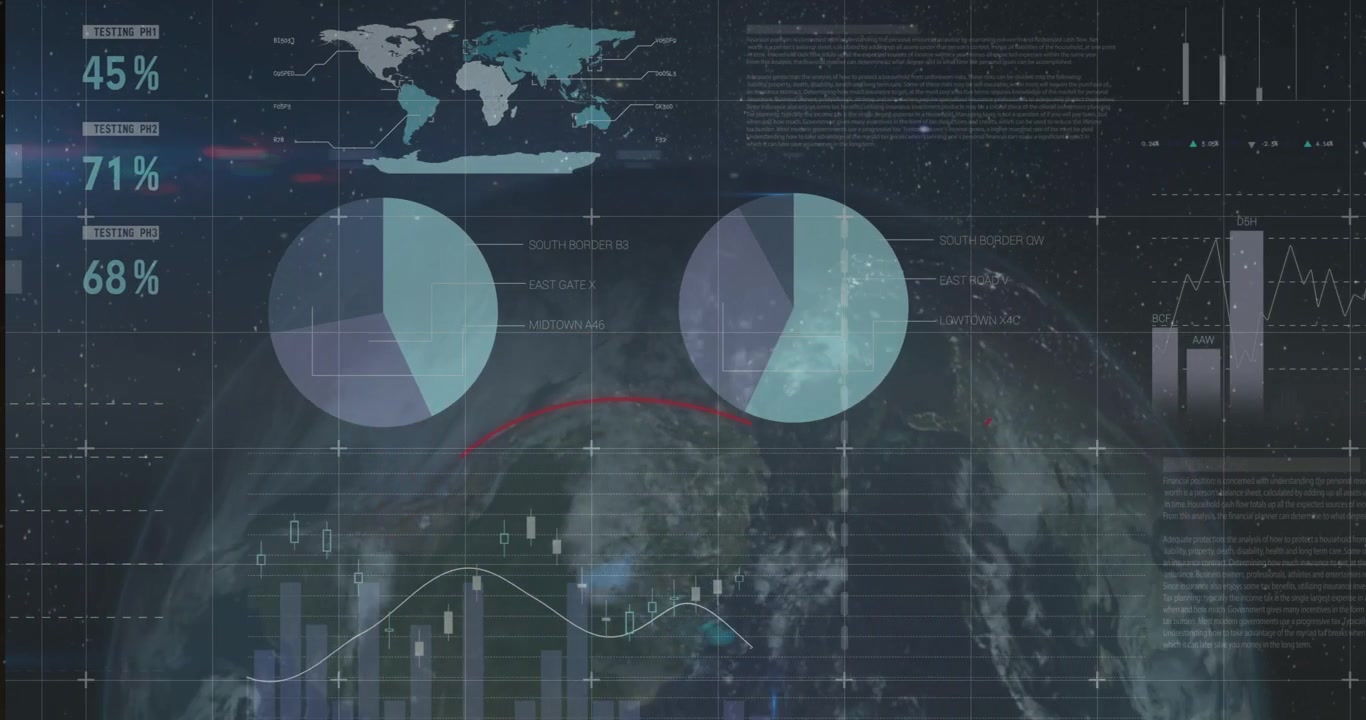 When globe rotating into view, hologram charts and meters animating to visualize global data trends