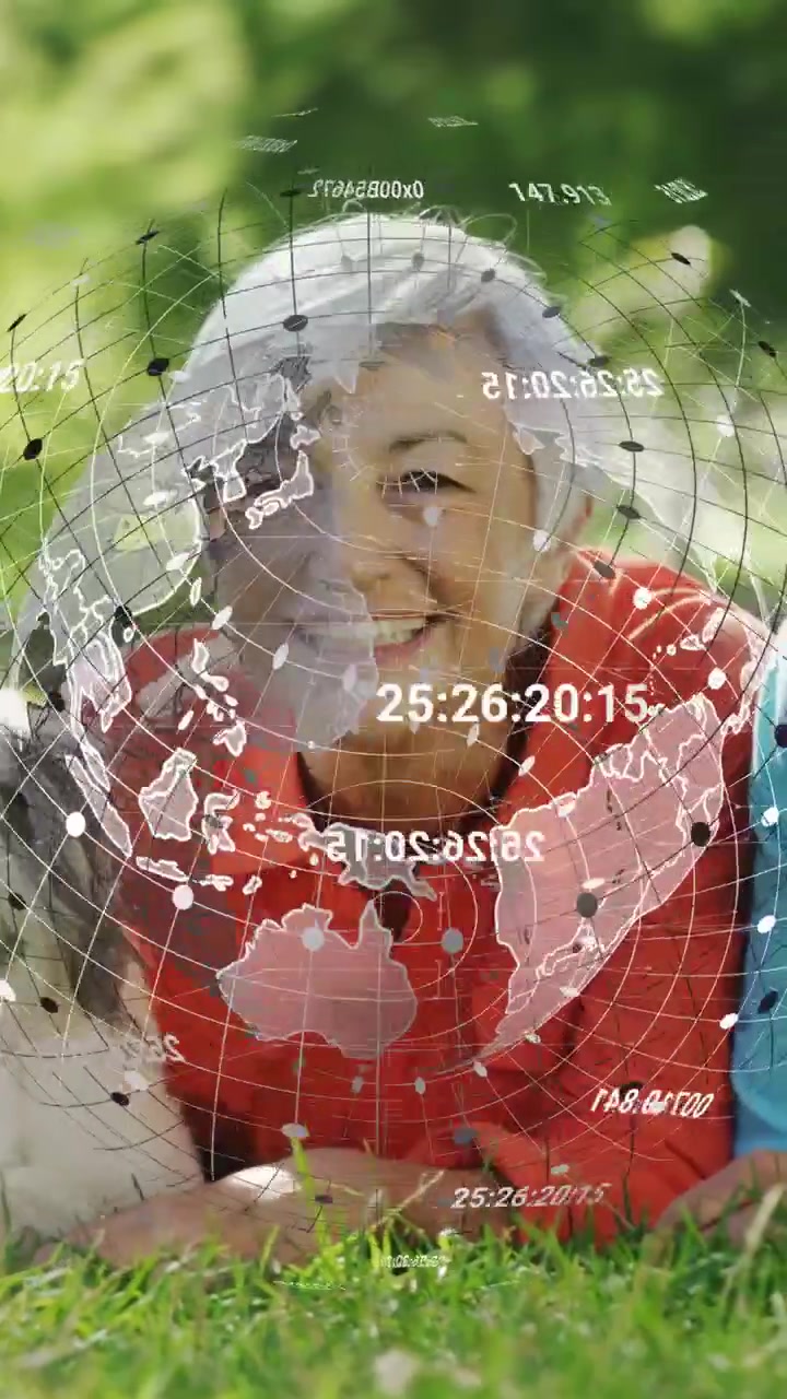Vertical video: Kids petting dog after dog entering, gran leaning, tech globe hovering over group