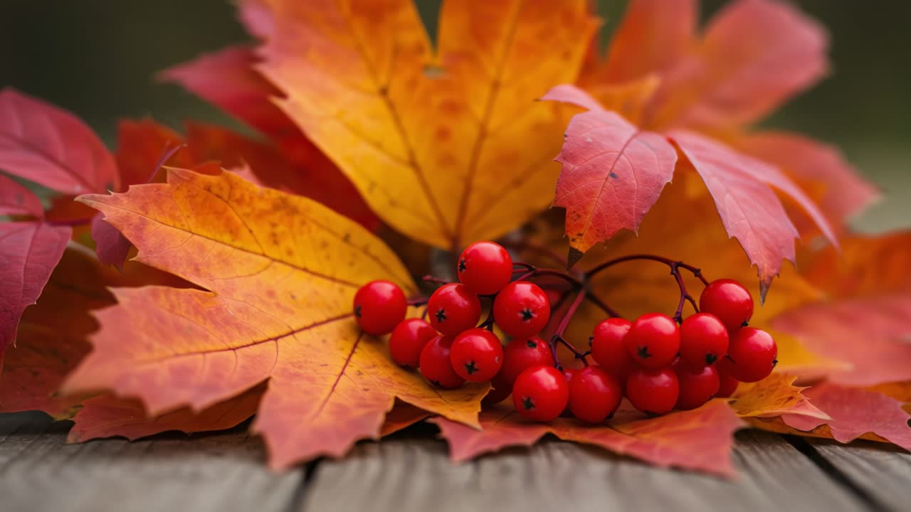 A Beautiful Composition of Vibrant Red Berries Nestled Among Bright Autumn Leaves, Showcasing the Rich Colors and Textures of Nature in a Seasonal Arrangement