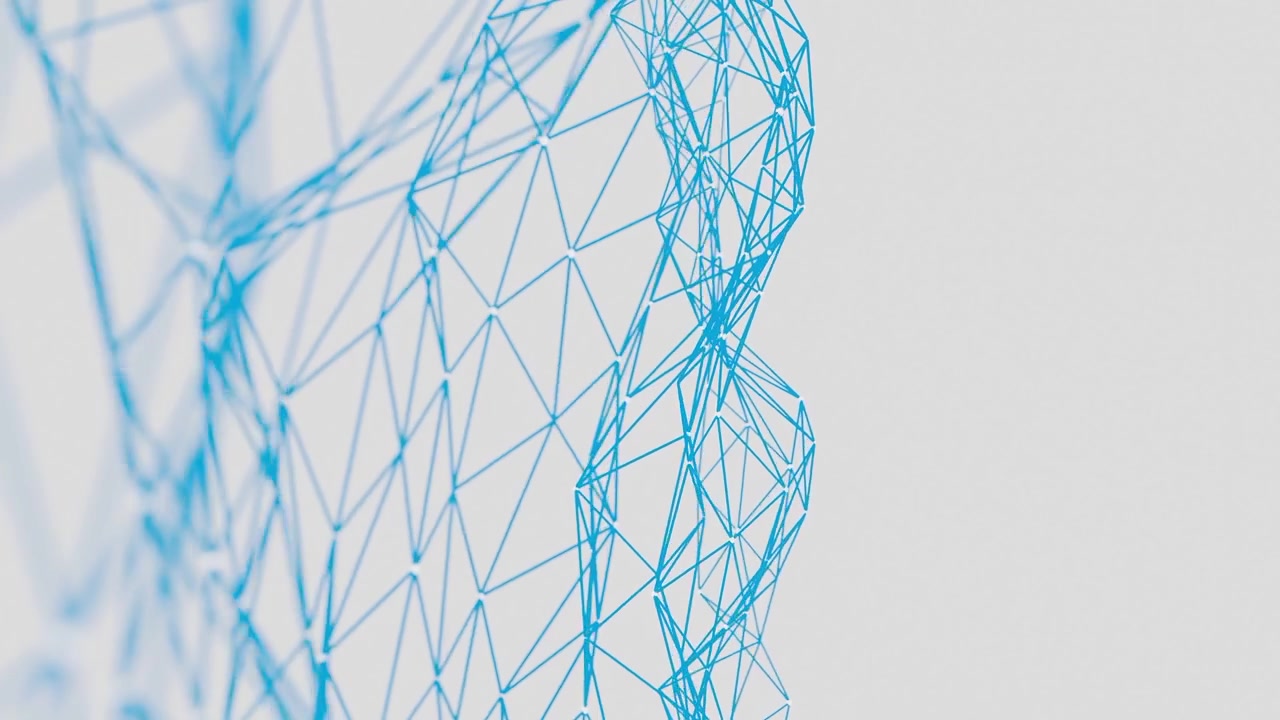 Struttura astratta a onda geometrica in wireframe blu su sfondo bianco. Visualizzazione di rete poligonale 3D digitale. Concetto di tecnologia e scienza per il design e il verticale.
