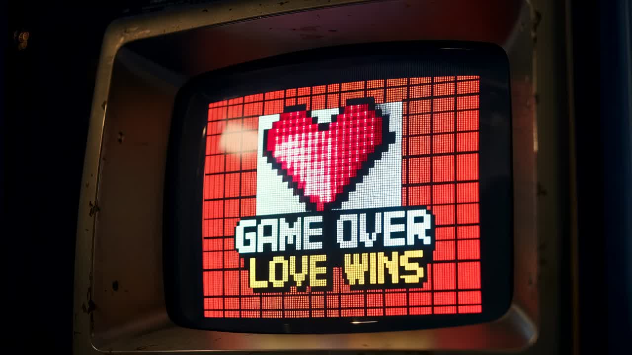 Displaying CRT with pixel brightening in dim cabinet, showing heart and blocky GAME OVER LOVE WINS