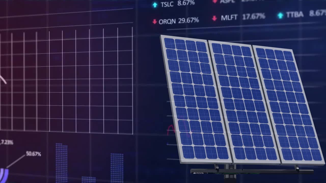 Animation of solar panels over charts and financial data processing on black background