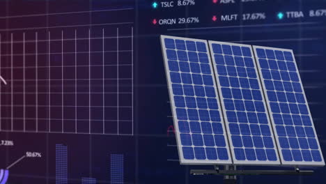 animation of solar panels over charts and financial data processing on black background