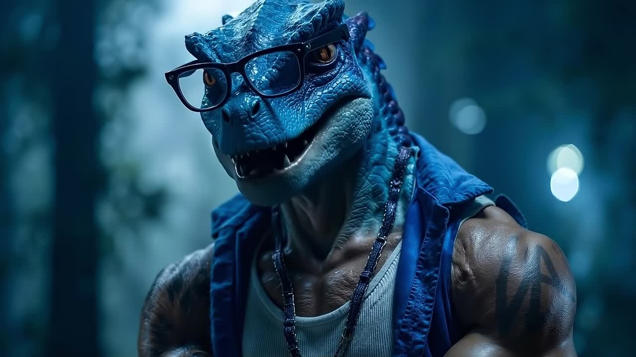 A man in a blue dinosaur costume with glasses and a necklace