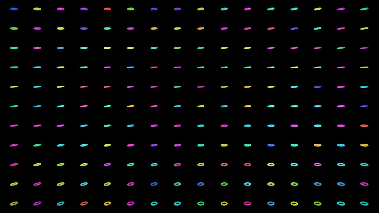abstract festive background with rows of toruses or rings on plane flashing neon multicolored light randomly. Black rings rotating in the air. Loop beautiful bg in 4k. Smooth wiggling animation