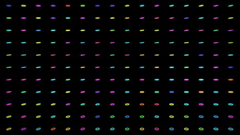 abstract festive background with rows of toruses or rings on plane flashing neon multicolored light randomly. black rings rotating in the air. loop beautiful bg in 4k. smooth wiggling animation