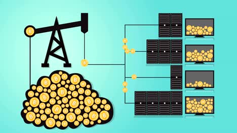 minería digital de bitcoin animada en 2d por ciclo de plataforma de perforación de petróleo en animación de bucle sin costuras