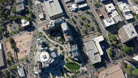 overhead drone shot of boise, idaho downtown area with jack's urban meeting place