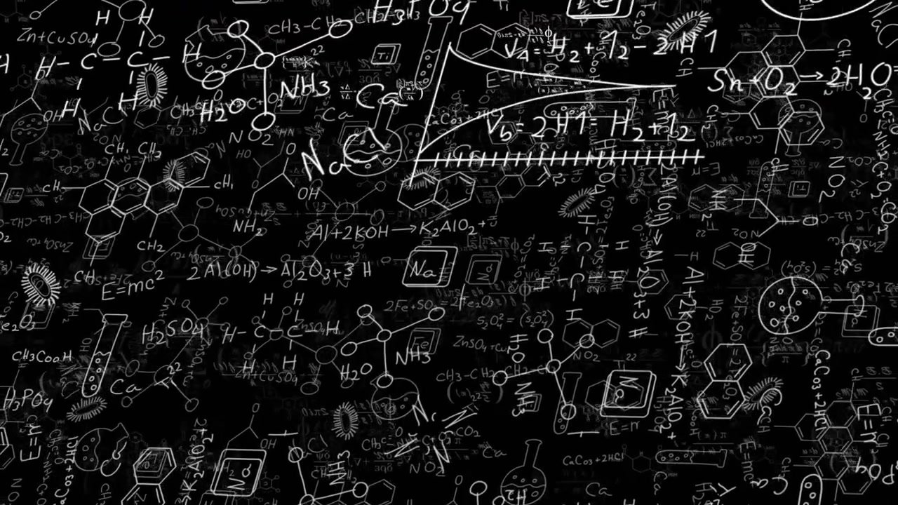 Camera initiating pan revealing chalkboard molecular diagrams and physics graph highlighting detail