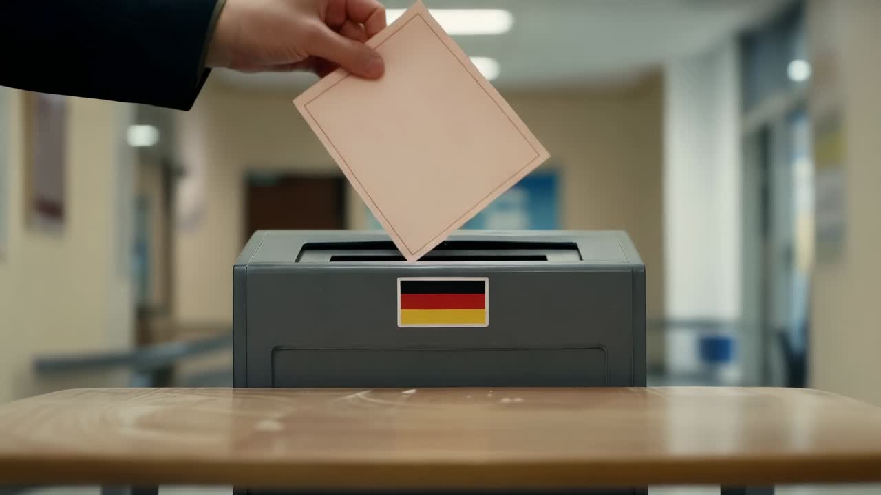 Placing dark-suited hand inserting ballot into box at table to vote, camera zooming to German flag