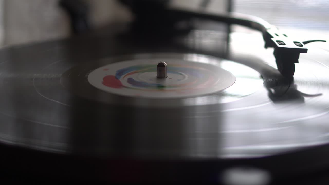 Playback of Vinyl Record, Vintage Analog Audio, Turntable and Needle, Close Up