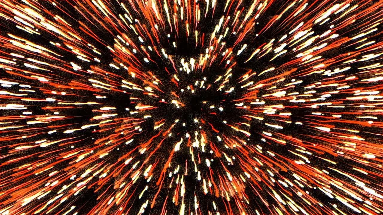 Orange energy lights fireworks moving in black background. 3d animation