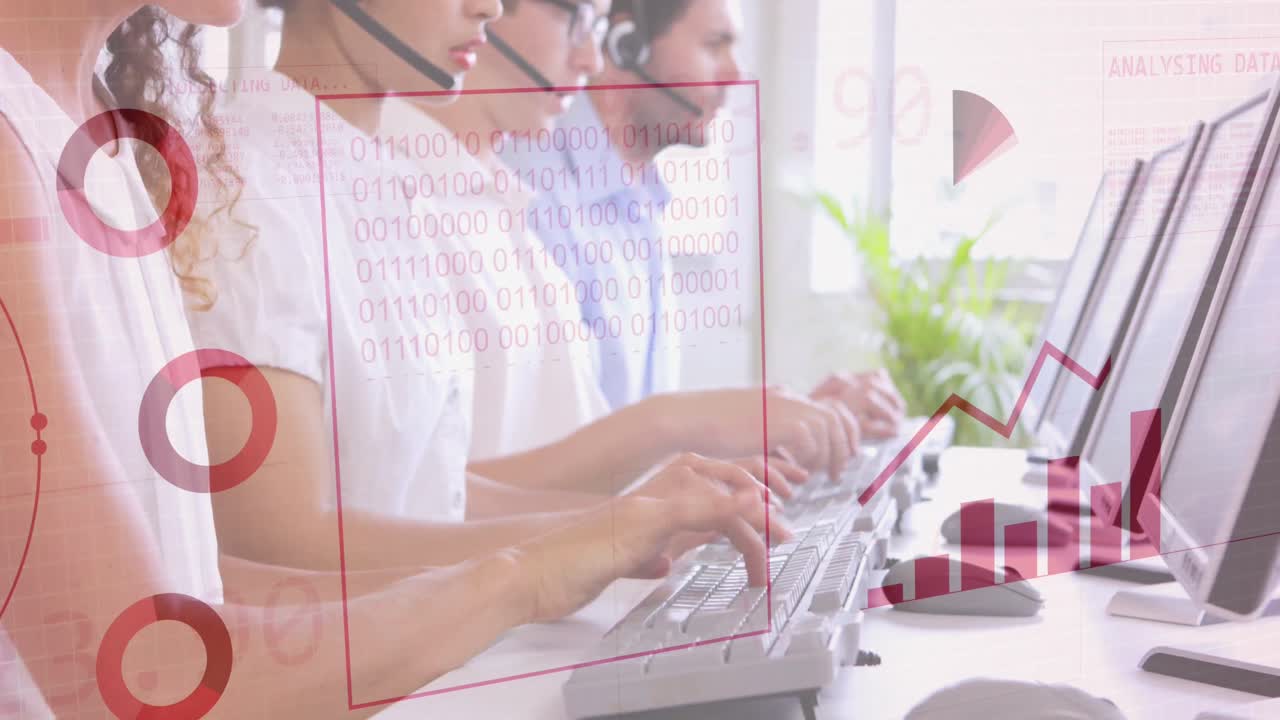 Animazione dell'elaborazione di dati finanziari su diverse persone che lavorano in ufficio