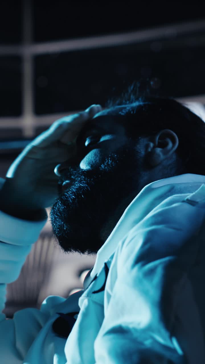 Vertical video Astronaut checks orbital navigation data in cockpit after completing expedition