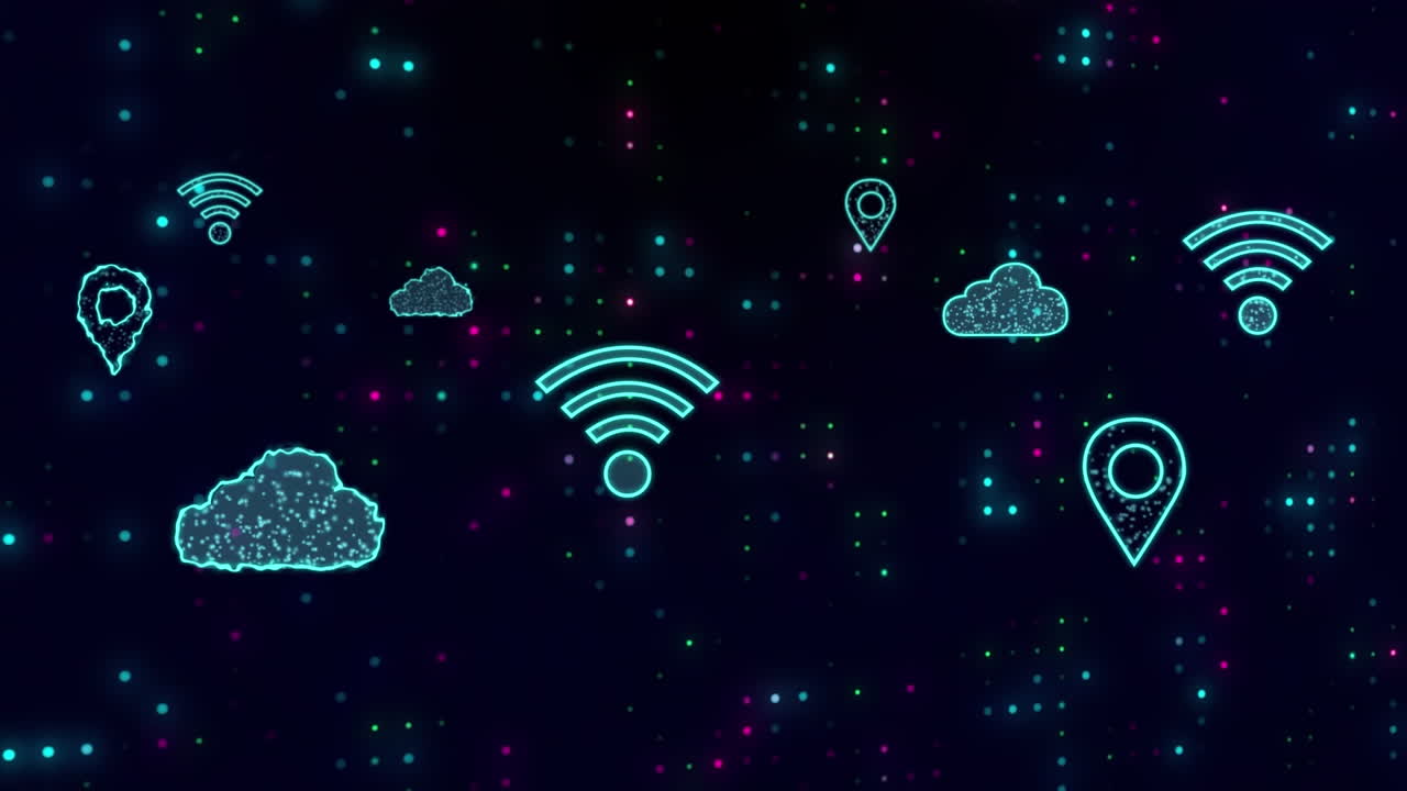 Animation of cloud and wifi icons with connections and data processing