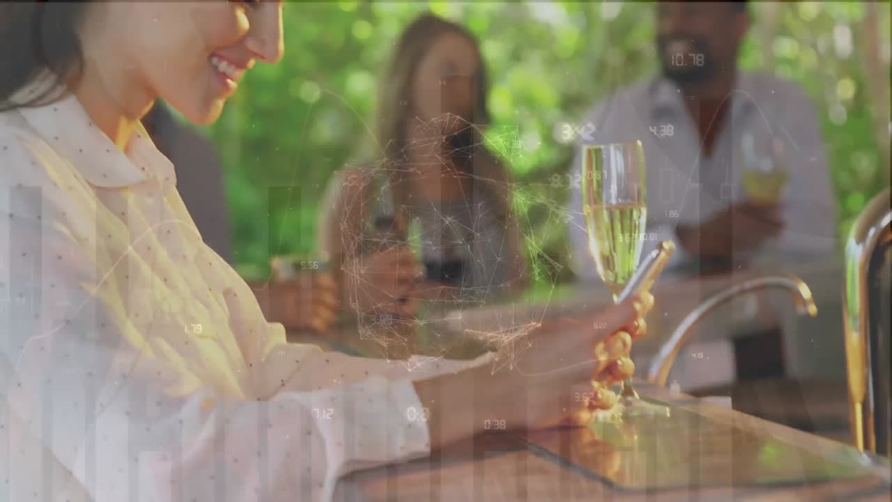 금융 데이터 처리의 애니메이션과 다양한 친구들이 술집에서 마시는 연결의 세계