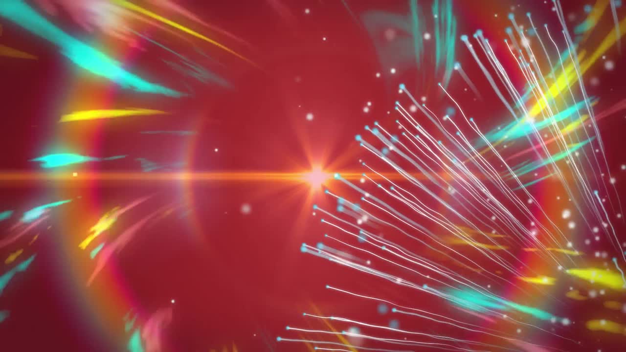 해가 지는 지평선 위로 움직이는  ⁇  불꽃놀이와 다채로운 불빛의 애니메이션