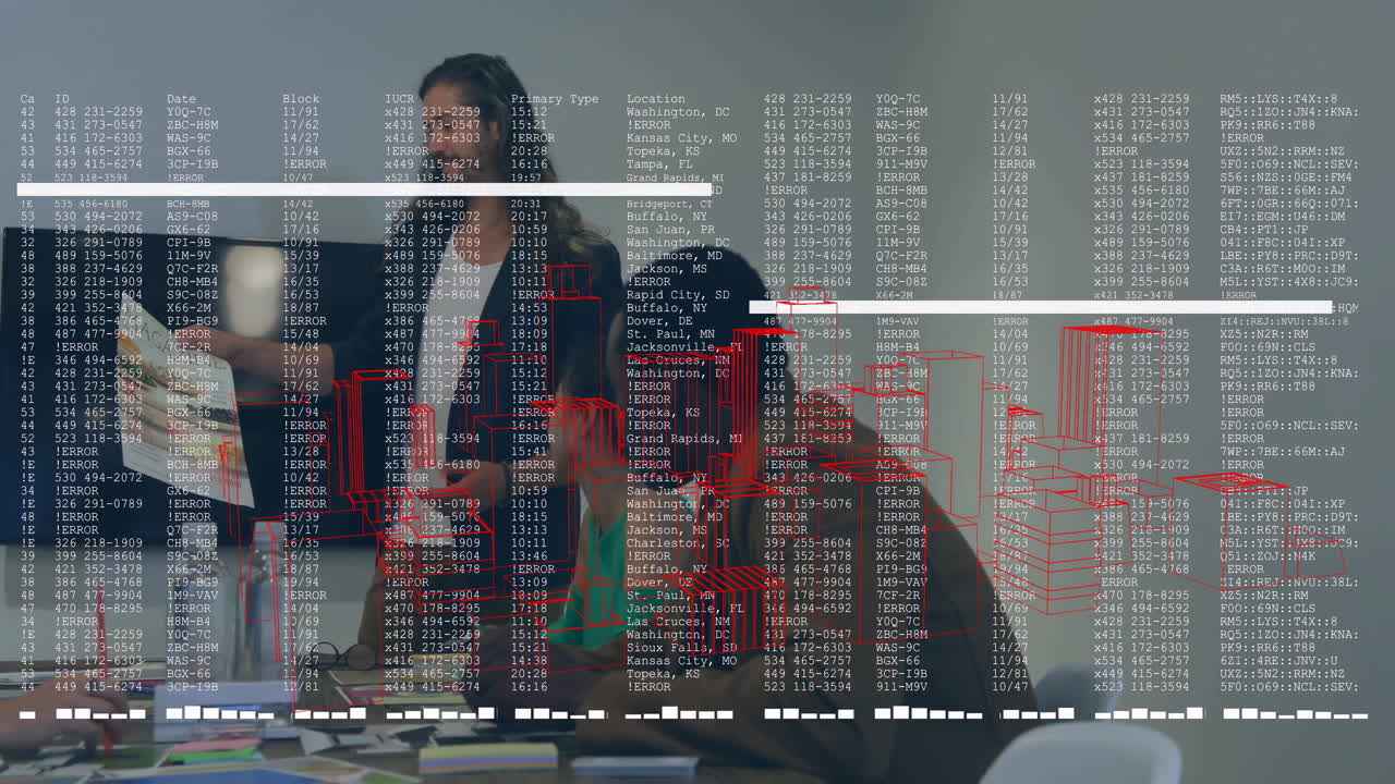 Business team collaborating with data processing animation overlay in office setting