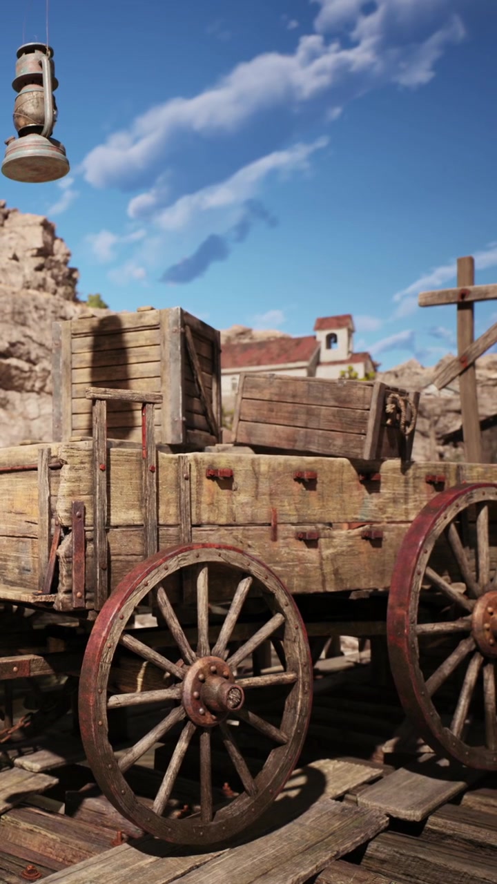 Old wooden cart in a western style setting with rocky background and blue sky