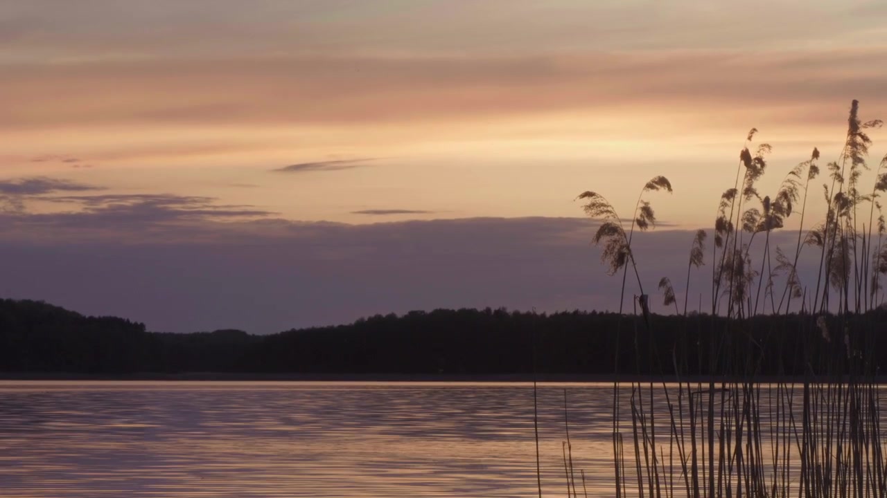 Timelapse view of a calm lake at sunset in Klesnik, Poland, with reeds silhouetted against glowing clouds, rippling water and a quiet forest shoreline.
