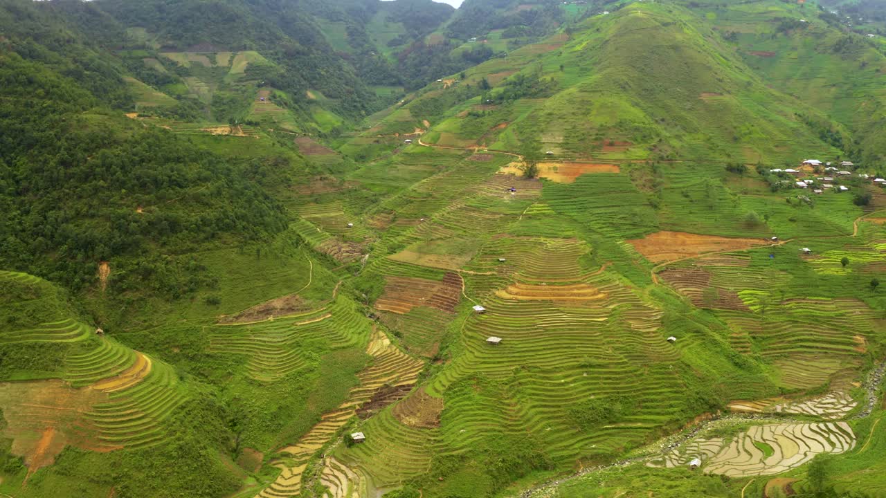 베트남 북부의 무성한 녹색 계단식 논으로 가득 찬 거대한 계곡